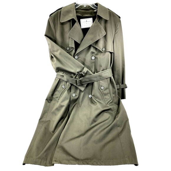 Towne London Fog OverCoat Trench Lined Double Breast Khaki Green 38 40 S Preppy - Picture 1 of 14